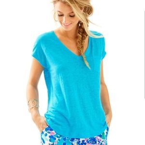 Lilly Pulitzer Rollins Blue Linen V-Neck Top